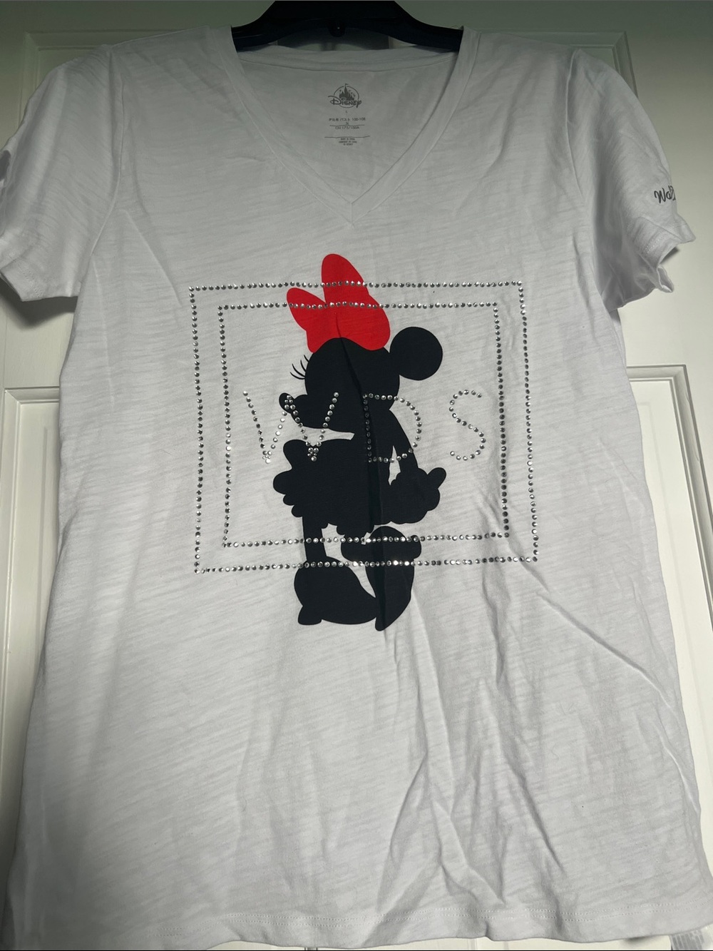 Women’s White V-Neck Minnie Silhouette Tee with Rhinestones